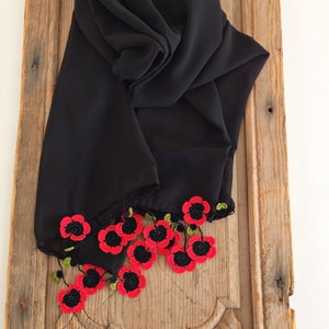 Poppy Beaded Scarf, Boho Floral Scarf, Christmas Gift For Her, Red Jewelry Scarf, Crochet Spring Wrap, Wildflower Oya Foulard, Black Wrap image 8