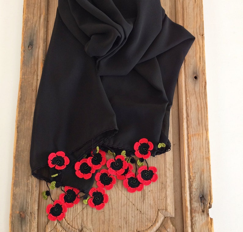 Poppy Beaded Scarf, Boho Floral Scarf, Christmas Gift For Her, Red Jewelry Scarf, Crochet Spring Wrap, Wildflower Oya Foulard, Black Wrap image 8