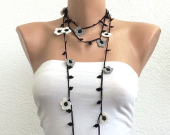 Crochet Monochrome Flower Necklace, Beaded Oya Style Lariat, Boho Beadwork Jewelry
