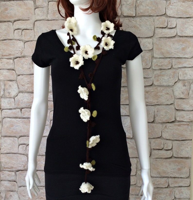 Flower Wrap Scarf, Wool Necklace, Crochet Lariat, Lily Skinny Scarf, Boho Beaded Necklace, Mother's Day Gift, Crochet Accessory, ReddApple image 3