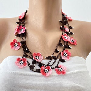 Sakura Flowers Crochet Necklace, Cherry Blossom Beaded Necklace, Japanese Flower Jewelry, Personalized Gift, Boho Wrap Lariat, Women Gift image 5
