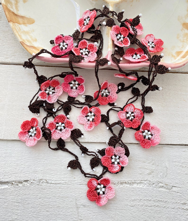 Sakura Flowers Crochet Necklace, Cherry Blossom Beaded Necklace, Japanese Flower Jewelry, Personalized Gift, Boho Wrap Lariat, Women Gift image 8