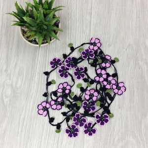 Beaded Crochet Necklace, Purple Flower Long Lariat, Turkish Oya Floral Necklace, Women Jewelry image 9