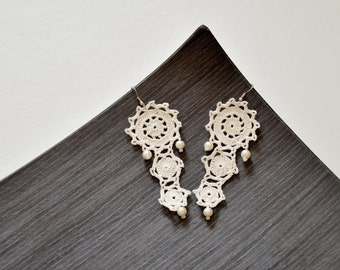 Ivory Lace Dangle Earrings, Pearl Crochet Earrings, Bridal Dangling Earrings, Boho Beaded Jewelry