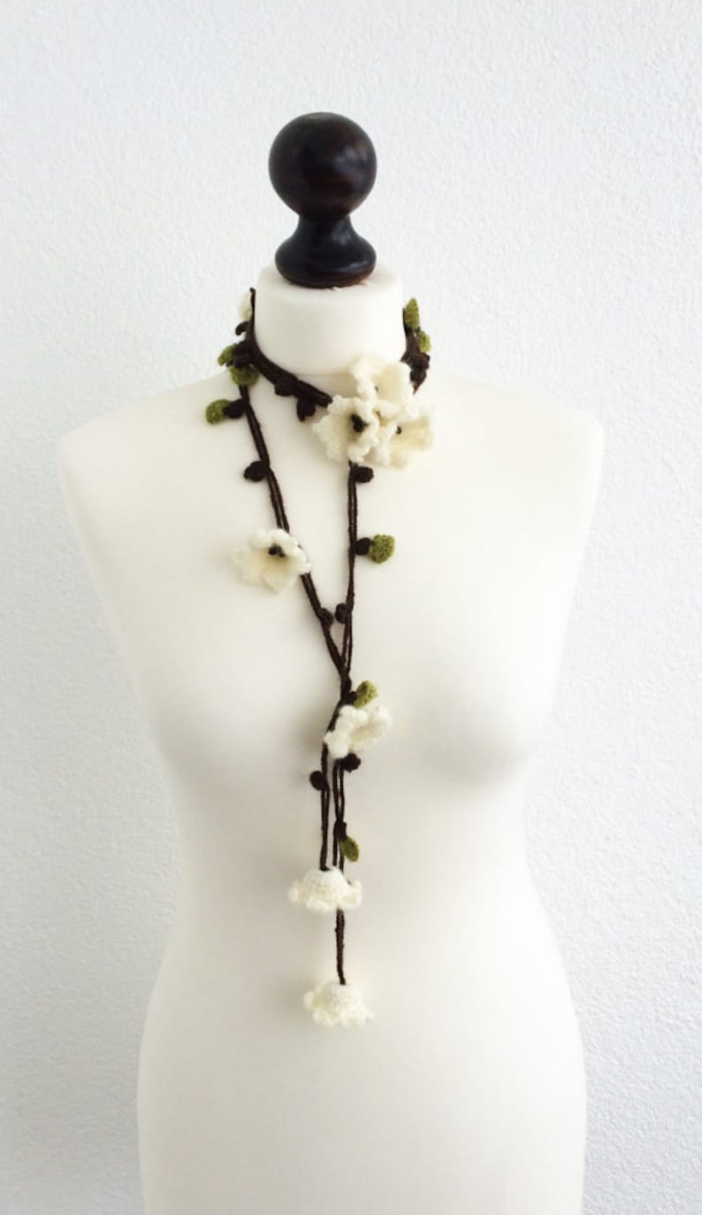 Flower Wrap Scarf, Wool Necklace, Crochet Lariat, Lily Skinny Scarf, Boho Beaded Necklace, Mother's Day Gift, Crochet Accessory, ReddApple image 1