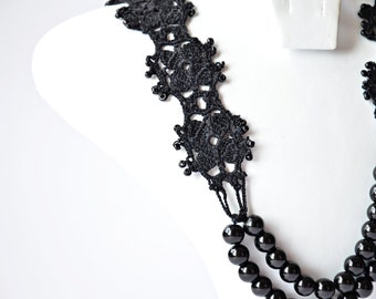 Crochet Collar Necklace, Black Lace Choker, Beaded Cotton Jewelry