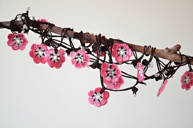 Sakura Flowers Crochet Necklace, Cherry Blossom Beaded Necklace, Japanese Flower Jewelry, Personalized Gift, Boho Wrap Lariat, Women Gift image 9