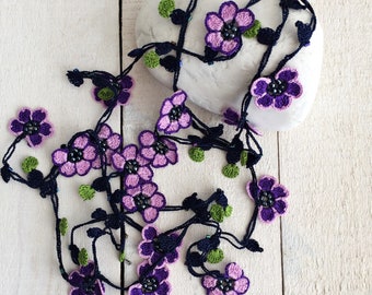 Beaded Crochet Necklace, Purple Flower Long Lariat, Turkish Oya Floral Necklace, Women Jewelry