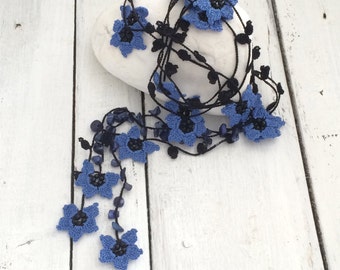 Celestial Blue Star Crochet Lariat, Boho Beaded Necklace, Crochet Jewelry, Floral Women Gift, Beadwork Neck Accessory