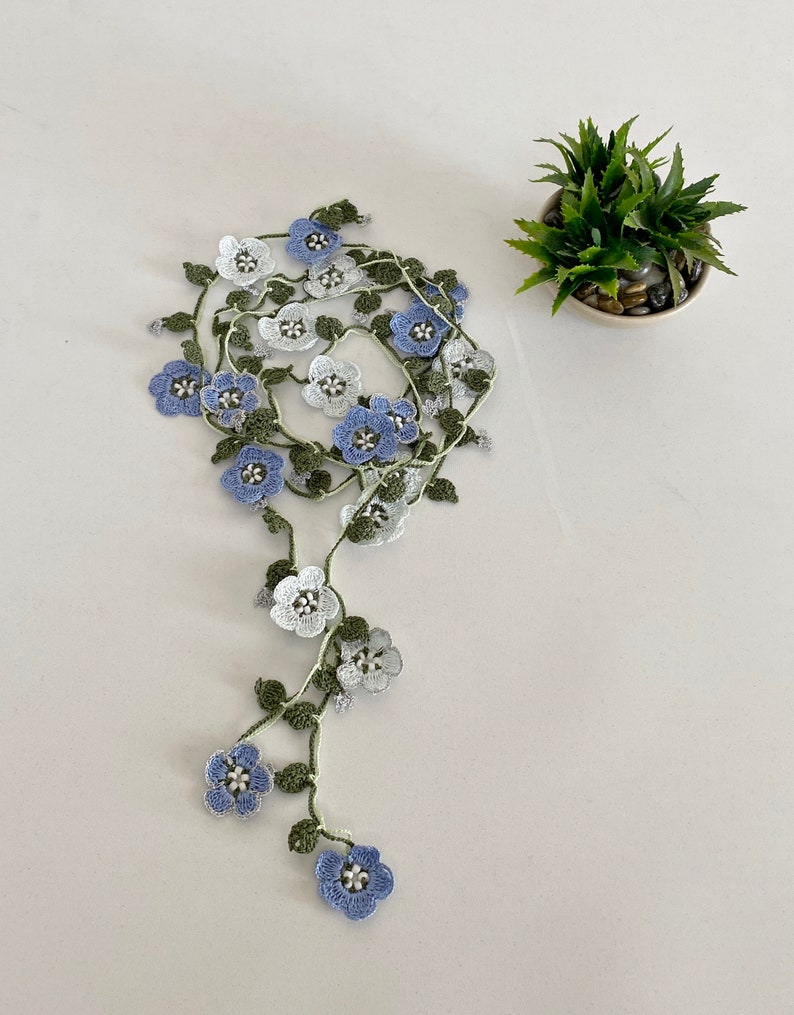 Micro Crochet Flower Necklace, Bridal Beaded Necklace, Forget Me Not Long Necklace, Wild Flower Lariat, Turkish Crochet Jewelry image 10