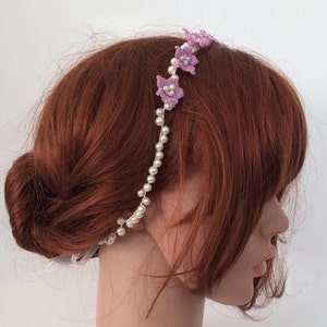 Boho Lilac Flowers Headband, Crochet Hair Jewelry, Bridal Pearls Hairpiece, Wedding Bohemian Headpiece, Bridesmaid Gift, Women Gift