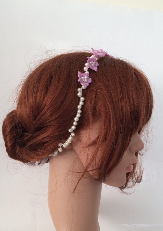 Boho Crochet Lilac Flower Headband, Bridal Pearl Hairpiece 