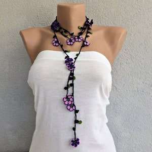 Beaded Crochet Necklace, Purple Flower Long Lariat, Turkish Oya Floral Necklace, Women Jewelry image 8