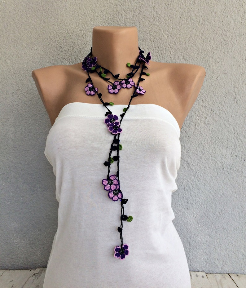 Beaded Crochet Necklace, Purple Flower Long Lariat, Turkish Oya Floral Necklace, Women Jewelry image 8