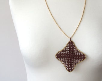 Boho Crochet Pendant, Brown Lace Necklace, Golden Long Necklace, Geometric Chain Pendant, Christmas Gift, Crochet Jewelry, Women Gift