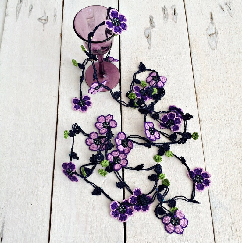 Beaded Crochet Necklace, Purple Flower Long Lariat, Turkish Oya Floral Necklace, Women Jewelry image 3