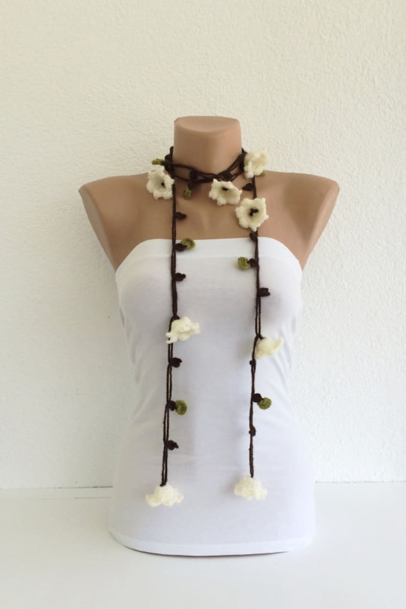 Flower Wrap Scarf, Wool Necklace, Crochet Lariat, Lily Skinny Scarf, Boho Beaded Necklace, Mother's Day Gift, Crochet Accessory, ReddApple image 7