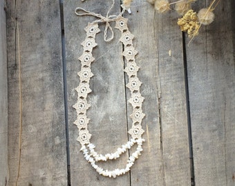 Beaded Statement Charm Necklace, Ivory Beige Natural Necklace, Boho Crochet Flower Collar, Oya Lace Bib Collar, Crochet Jewelry, Women Gift