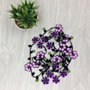 Beaded Crochet Necklace, Purple Flower Long Lariat, Turkish Oya Floral Necklace, Women Jewelry image 10