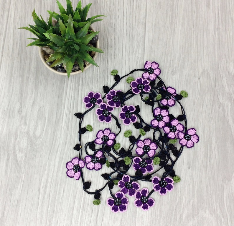 Beaded Crochet Necklace, Purple Flower Long Lariat, Turkish Oya Floral Necklace, Women Jewelry image 10