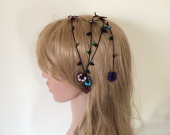 Rainbow Floral Hair Vine, Crochet Flower Braid Tie, Festival Hair Jewelry