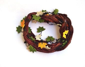 Crochet Fall Leaves Silk Scarf, Beaded Boho Necklace