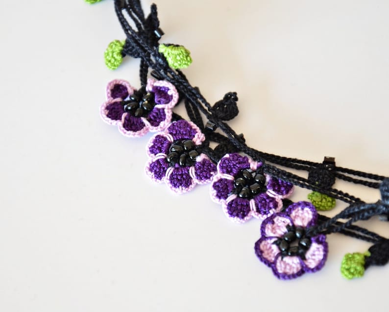 Oya Beaded Wrap Necklace Lavender Crochet Jewelry Bead Flower Necklace Boho Violet Lariat Crochet Necklace Unique Gift For Women