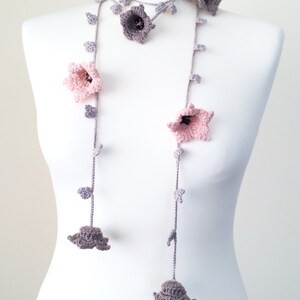 Skinny Long Scarf, Pastel Flower Wrap, Bead Crochet Necklace, Boho Oya Lariat, Pink Gray Large Lily Flowers, Unique Gift For Women image 6