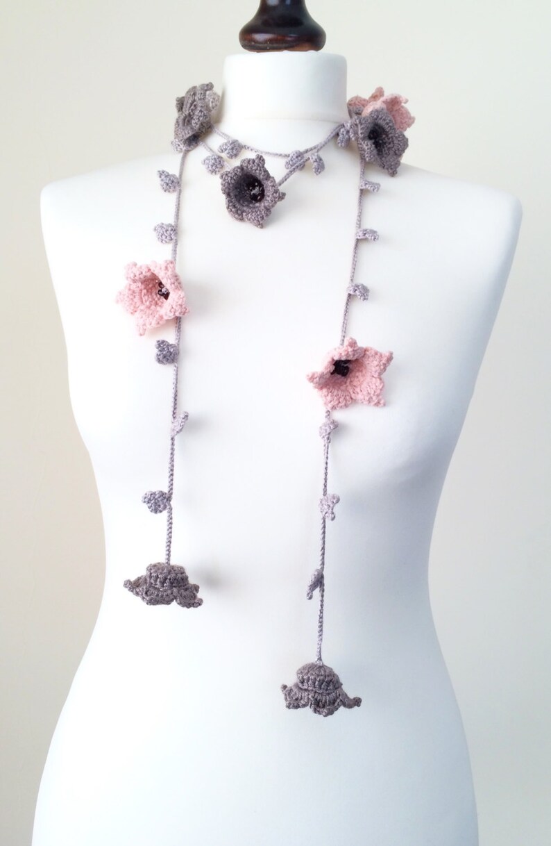 Skinny Long Scarf, Pastel Flower Wrap, Bead Crochet Necklace, Boho Oya Lariat, Pink Gray Large Lily Flowers, Unique Gift For Women image 6