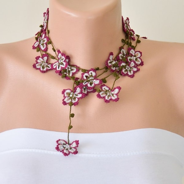 Collier de perles au crochet, ensemble de bijoux, collier Bourgogne Oya, lariat perlé enveloppé, accessoire de cou Boho Oya, bijoux de fleurs turques, cadeau pour femmes