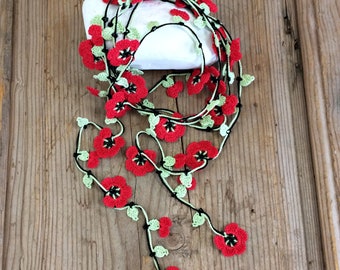 Red Flower Necklace, Boho Poppy Crochet Wrap, Oya Beaded Lariat, Handmade Jewelry