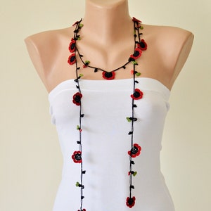 Poppy Crochet Long Necklace, Oya Beaded Necklace, Boho Wrap Lariat, Christmas Necklace, Turkish Necklace, Crochet Jewelry