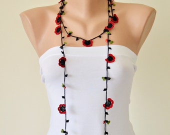 Poppy Crochet Long Necklace, Oya Beaded Necklace, Boho Wrap Lariat, Christmas Necklace, Turkish Necklace, Crochet Jewelry