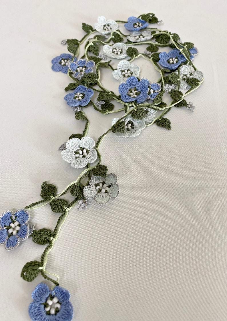 Micro Crochet Flower Necklace, Bridal Beaded Necklace, Forget Me Not Long Necklace, Wild Flower Lariat, Turkish Crochet Jewelry image 6
