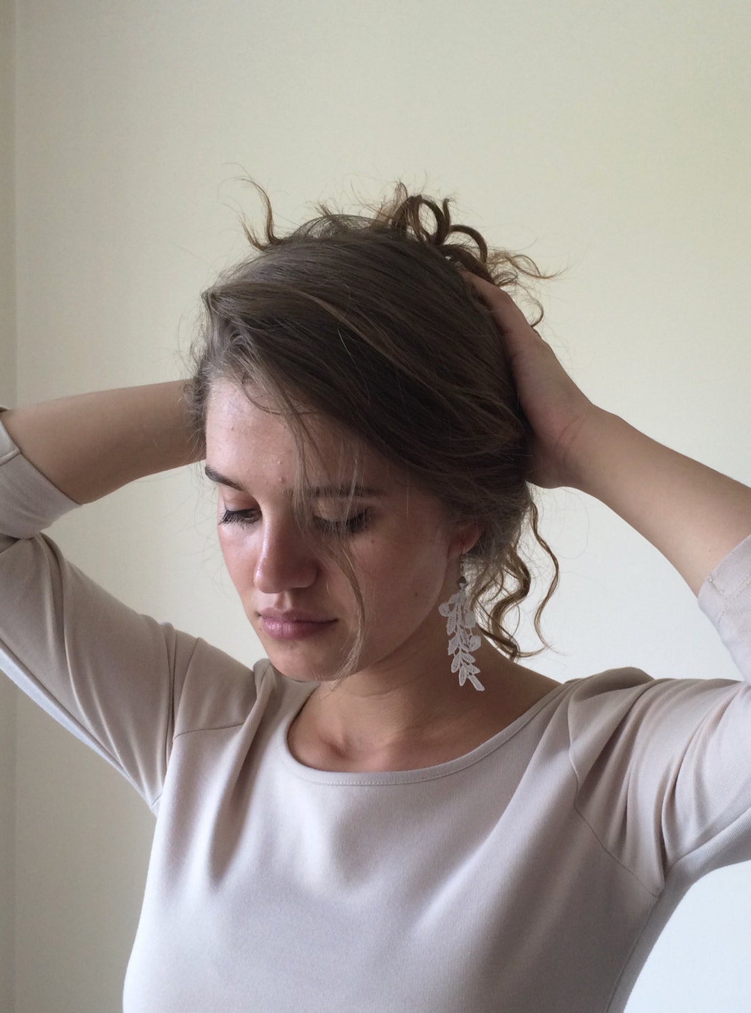 Boho White Earrings Statement Lace Earrings Leaves Earrings Etsy