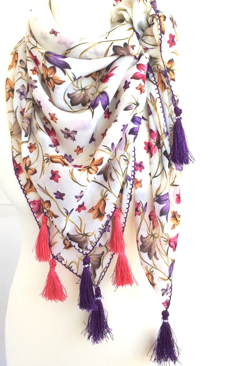Floral Gypsy Scarf Fringed Scarf Boho Tassel Shawl Beaded Etsy