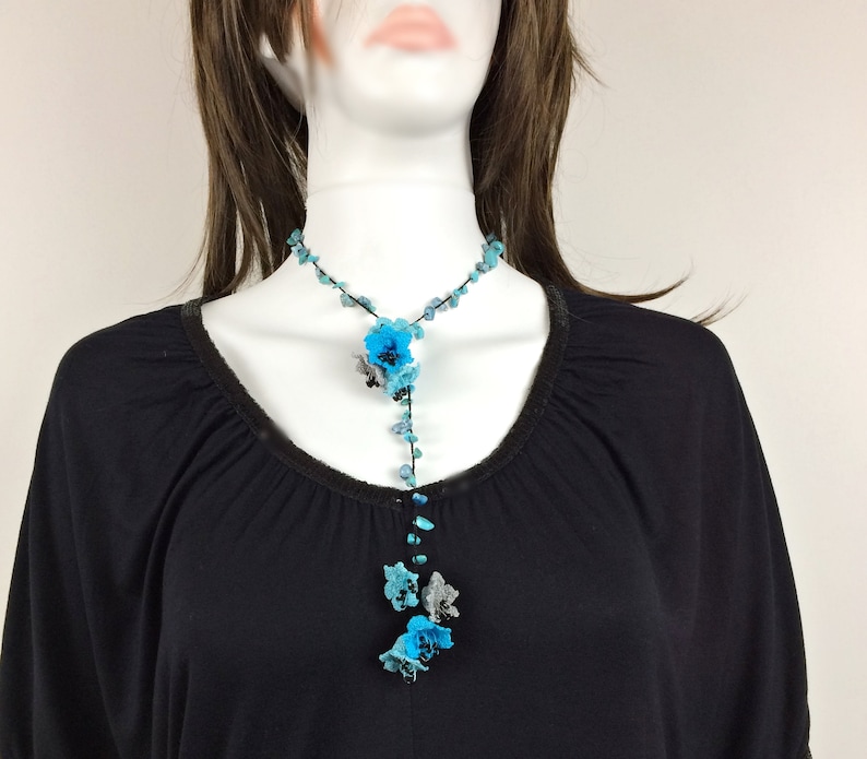 Turquoise Crochet Necklace, Artisanal Turkish Crochet Jewelry, Blue Oya Beaded Collar, Boho Beadwork Necklace, Thoughtful Holiday Gift image 2