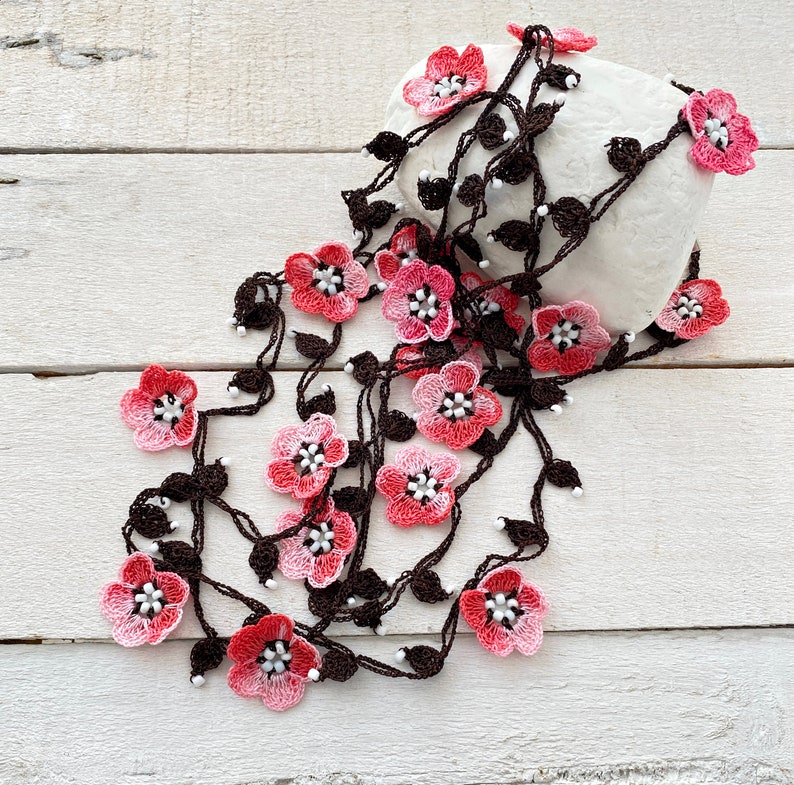 Sakura Flowers Crochet Necklace, Cherry Blossom Beaded Necklace, Japanese Flower Jewelry, Personalized Gift, Boho Wrap Lariat, Women Gift image 3