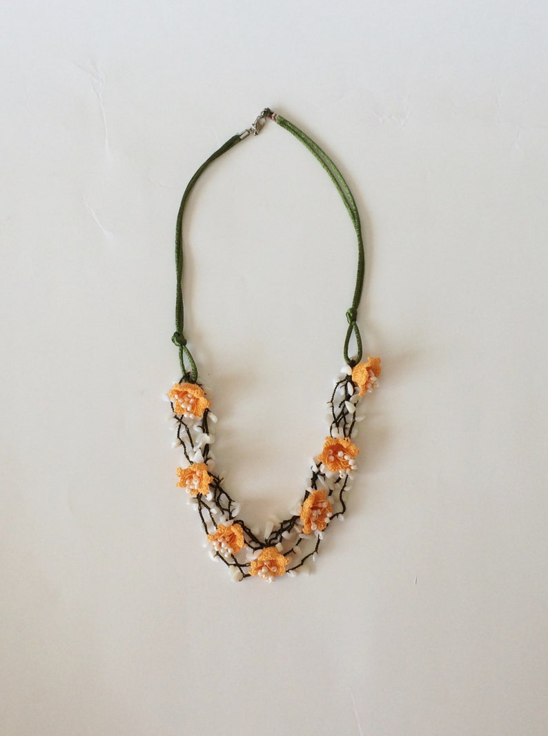 Christmas Gift Boho Multistrand Necklace Turkish Oya Necklace Beaded Crochet Collar Statement Layered Necklace Orange Flower Necklace
