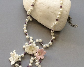 Crochet Pearl Flower Necklace, Bridal Lariat, Handmade Beaded Collar