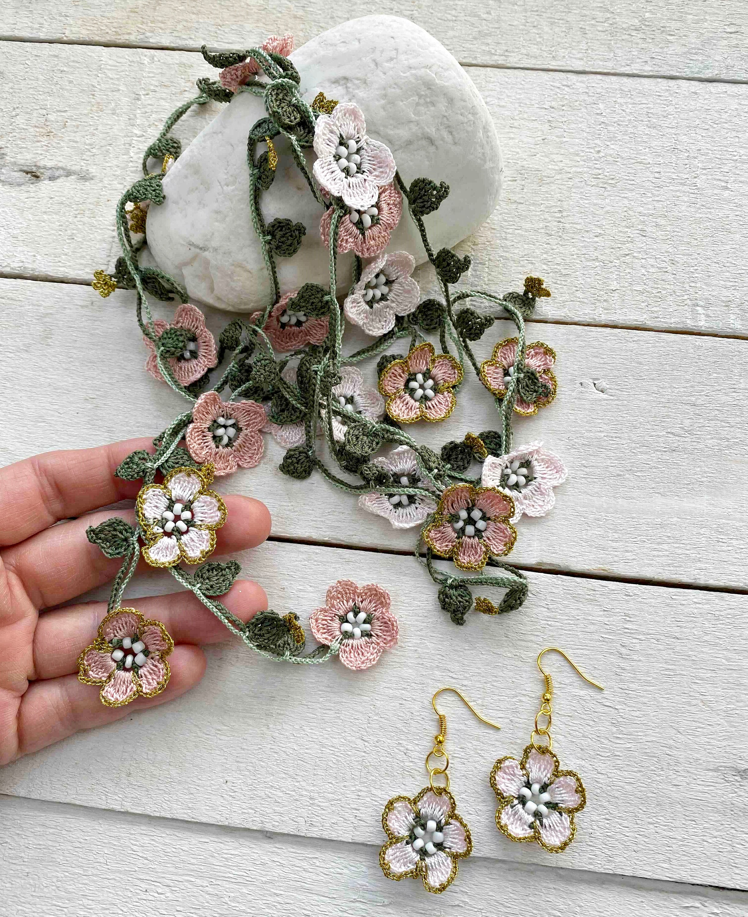 Crochet Flower Necklace, Beaded Long Lariat, Handmade Boho 