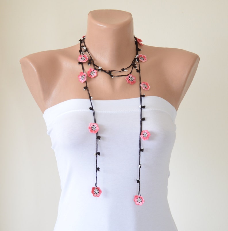 Sakura Flowers Crochet Necklace, Cherry Blossom Beaded Necklace, Japanese Flower Jewelry, Personalized Gift, Boho Wrap Lariat, Women Gift image 10