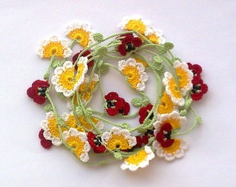 Flower Festival Necklace, Daisy Crochet Lariat, Poppy Beaded Collar, Turkish Oya Necklace, Christmas Gift, Spring Crochet Jewelry