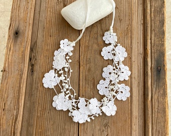 White Crochet Floral Necklace: Boho Layering Statement Collar