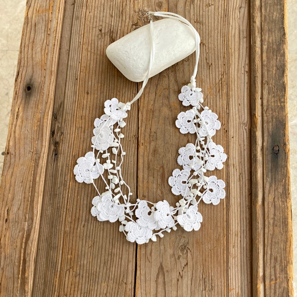 Multistrand White Crochet Necklace, Layering Statement Collar, Stacking Oya Necklace, Unique Boho Floral Jewelry, Women Birthday Gift