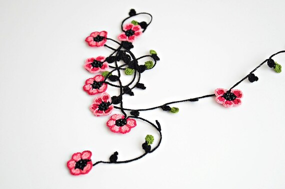 Crochet Collier Fleur De Cerisier Wrap De Boho De Fleurs Oya Perlé Lariat Bijoux Collier Long De Sakura Unique Cadeau Pour Les Femmes Cadeau Pour