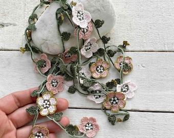 Crochet Flowers Beaded Necklace, Boho Long Wrap Necklace, Wild Flower Lariat, Crochet Jewelry