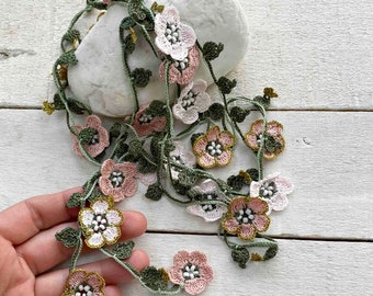 Crochet Flower Necklace, Beaded Long Lariat, Handmade Boho Wrap