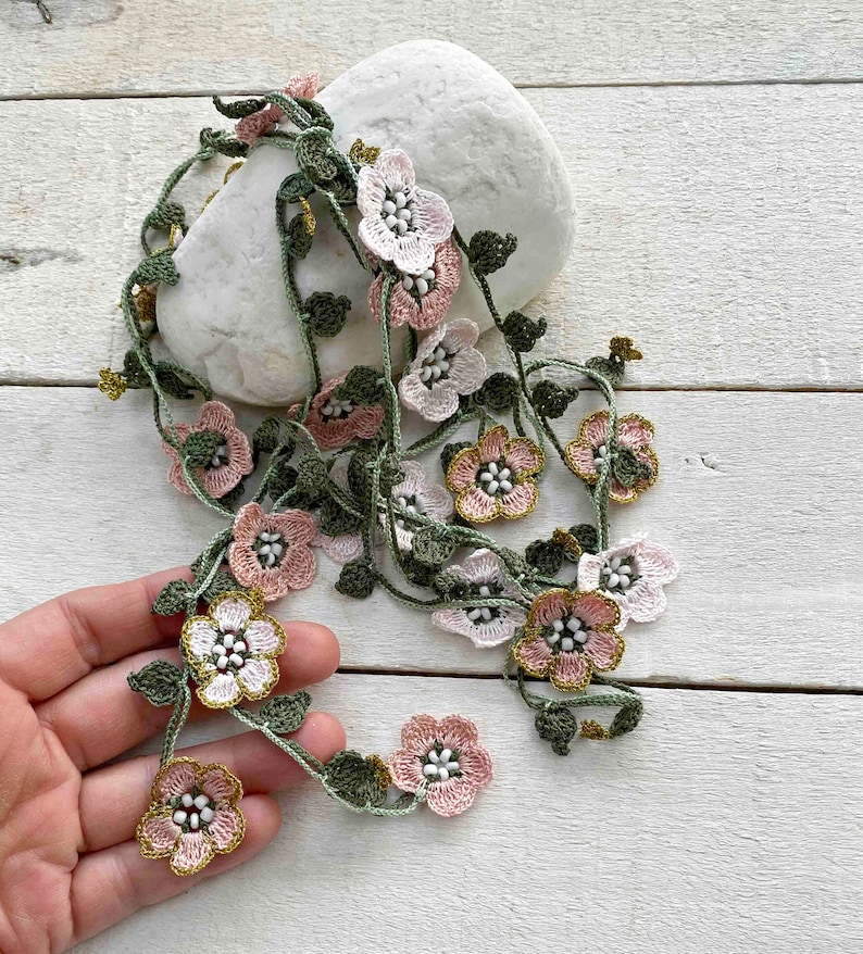 Micro Crochet Flower Necklace, Bridal Beaded Necklace, Forget Me Not Long Necklace, Wild Flower Lariat, Turkish Crochet Jewelry Pink & Gold Tones