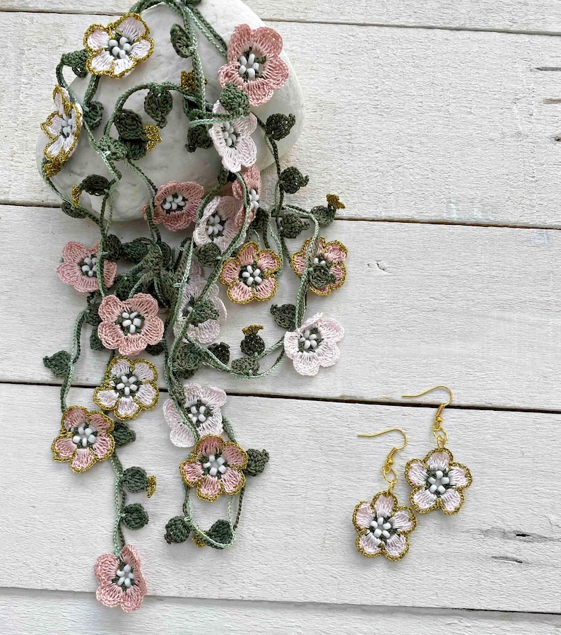 Micro Crochet Flower Necklace, Bridal Beaded Necklace, Forget Me Not Long Necklace, Wild Flower Lariat, Turkish Crochet Jewelry image 8